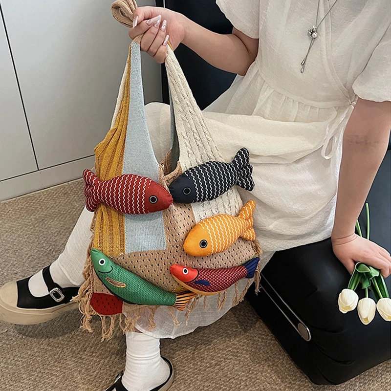 

Summer Fashion Cotten Crochet Shoulder Bag Small Fish Bag Fish Large Capacity Hollow Out Weave Bag Fashion Handbag Tote Bag