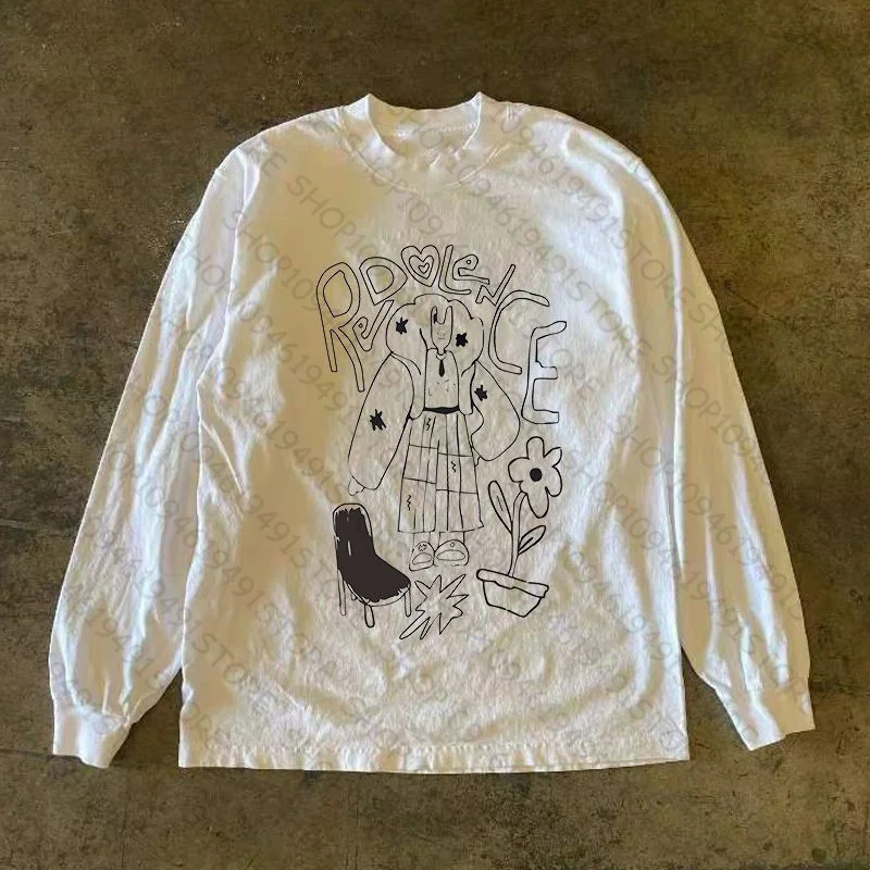

Мужская уличная футболка с длинным рукавом с мультяшным принтом граффити, свободная посадка, повседневный хлопковый топ с круглым вырезом, футболка для скейтбординга в стиле хип-хоп