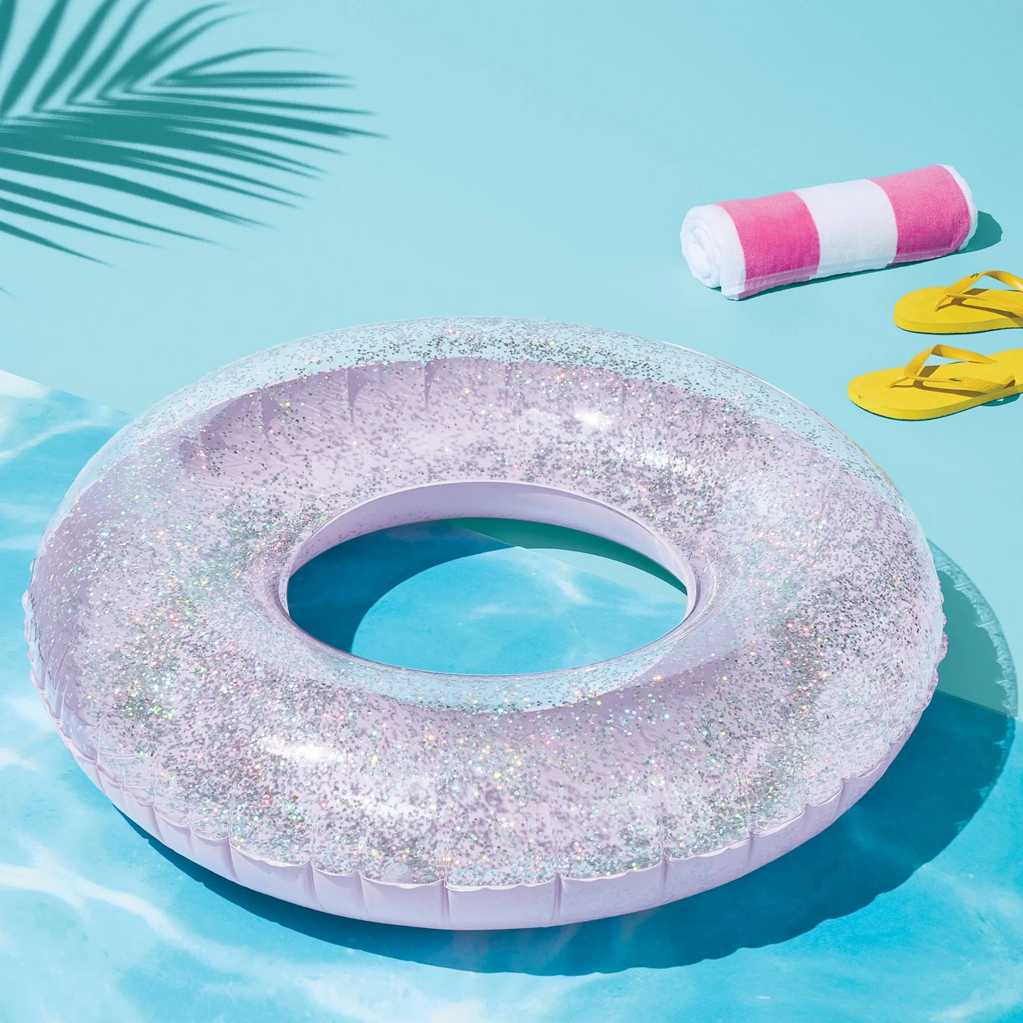 Lavender Glitter Inflatable Swim Tube 36 Inch Pool Float Ring For Beach, Lake, Summer Water Fun And Relaxing