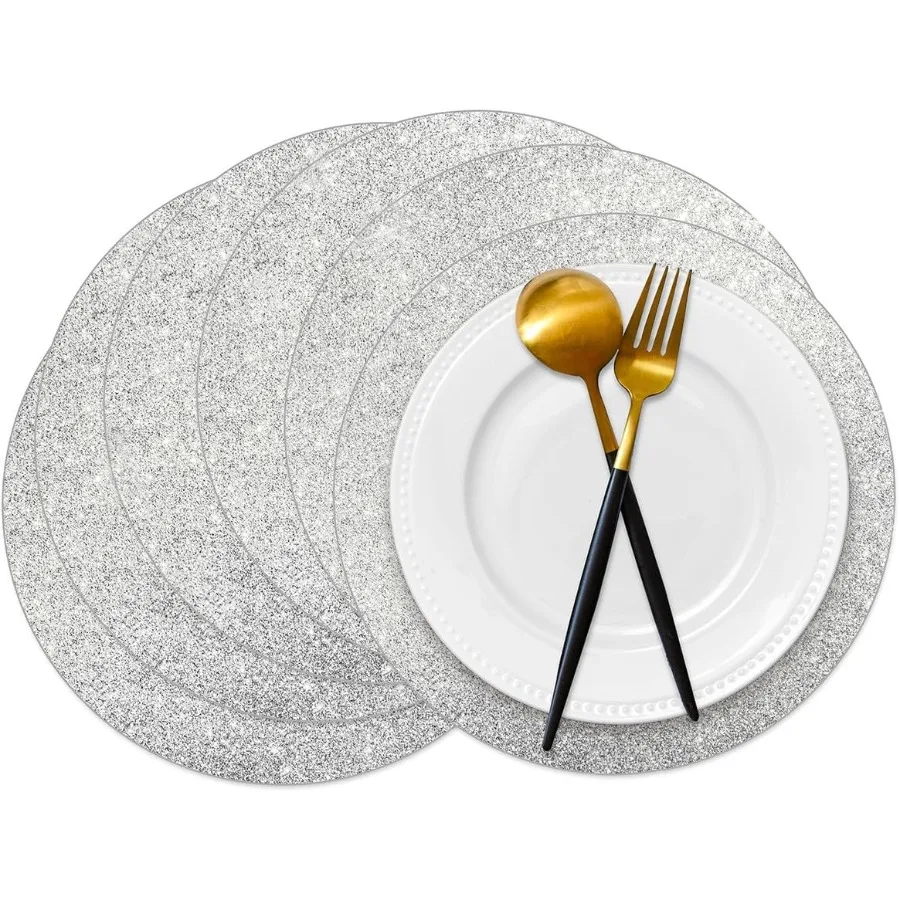 

50 шт., серебряные блестящие бумажные коврики, блестящие 14-дюймовые круглые одноразовые коврики для стола, серебряные салфетки с блестками, декоративные салфетки f