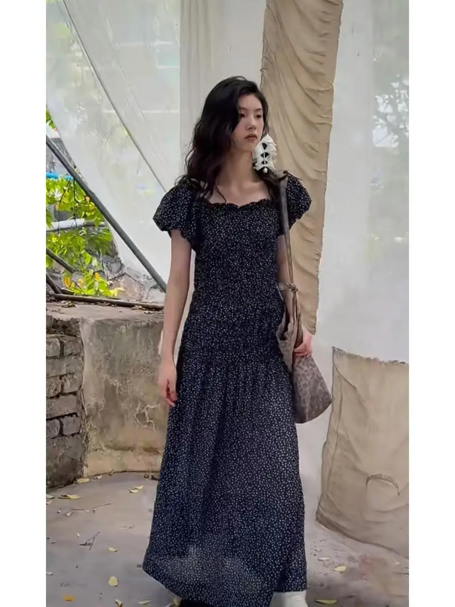 

Elegant Long Floral Print Dress with Puffy Sleeves Square Collar Women's Fashion Korean Style Loose Fit Summer Dress