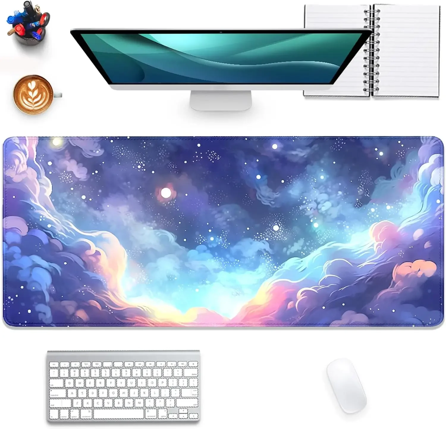 Dreamy Cloud Galaxy Gaming Mouse Pad, Colorful Pastel Star Sky Print Smooth Edge Non Slip Mat for Gamers Office Home Mouse