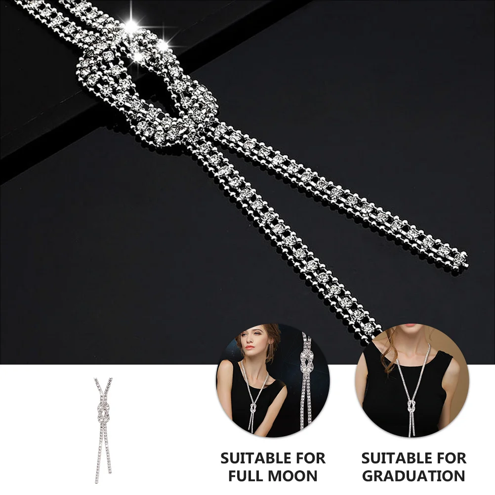 

Long Sweater Chain Rhinestone Knot Pendant Necklace Winter Clavicle Chain Silver Choker Dressy Jewelry Gift For Women
