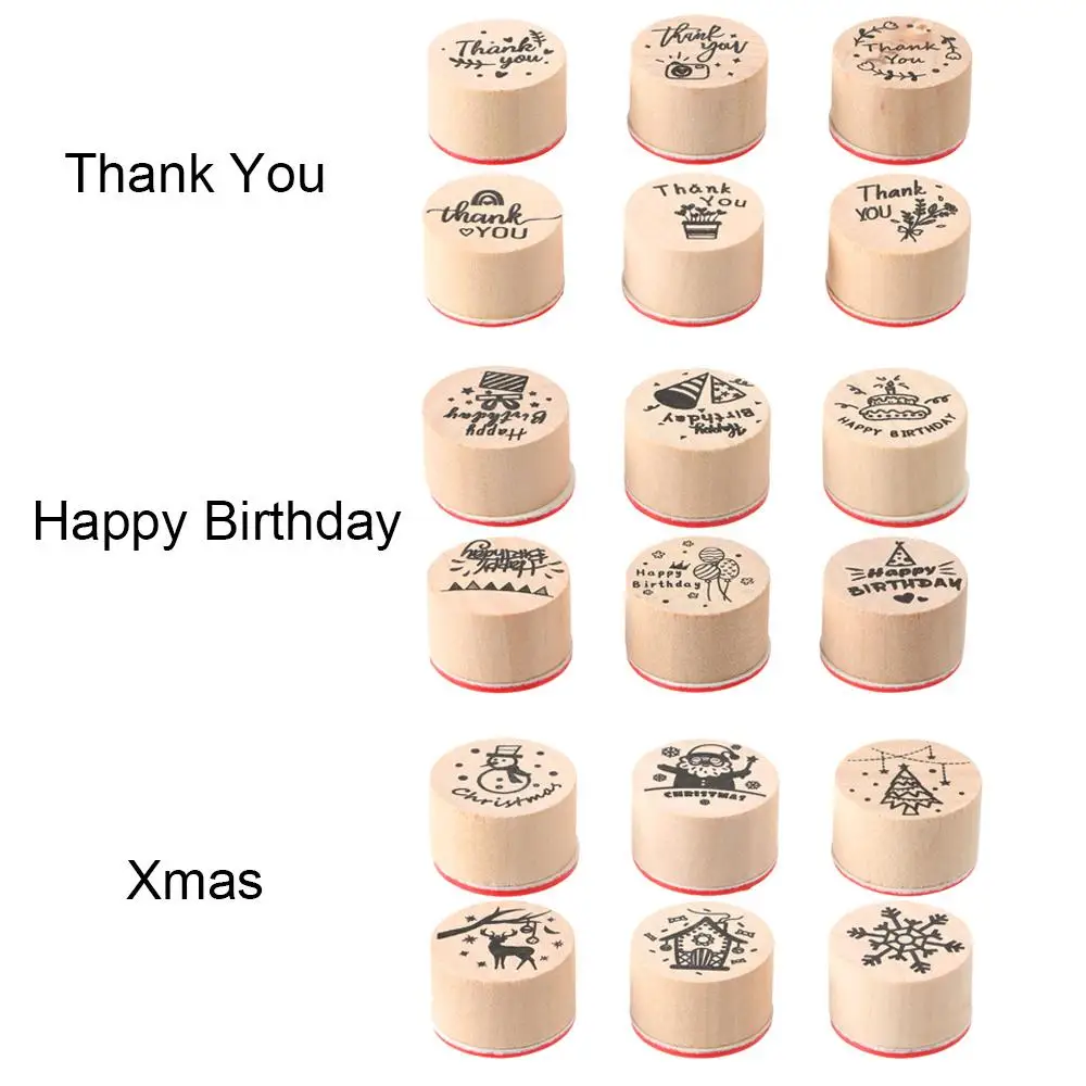 6pcs/set Thank You Wooden Rubber Stamps Happy Birthday Blessing Greeting Words Handmade Letter Stamp DIY Scrapbook Gift Decor