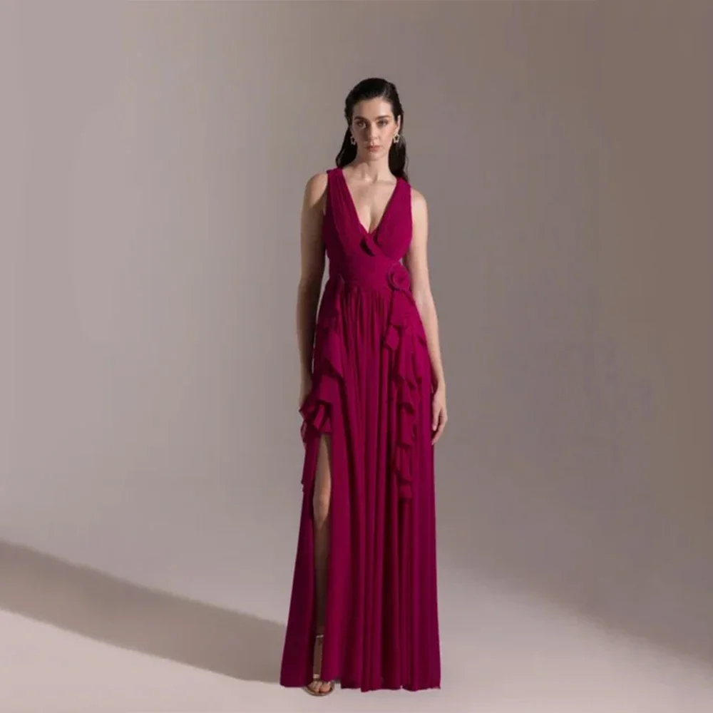 Abito da sera classico sexy di alta qualità in chiffon per abito da ballo senza maniche con scollo a V lungo fino al pavimento con fiori a fessura e balze personalizzato