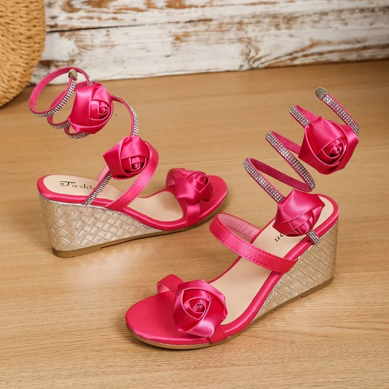 2026 New Design Open Toe Crystal Flower Ankle Strap Women Sandals Summer Sexy Wedge Heels Stripper Party Ladies Shoes view 6