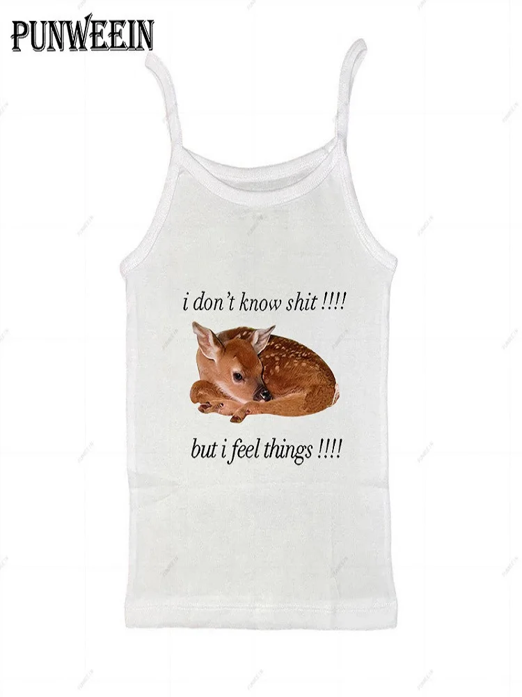 Women Cute Baby Deer Funny Slogan Print Cami Tank Top Sleeveless Slim Y2K Vintage Summer Ladies Camisole Vest