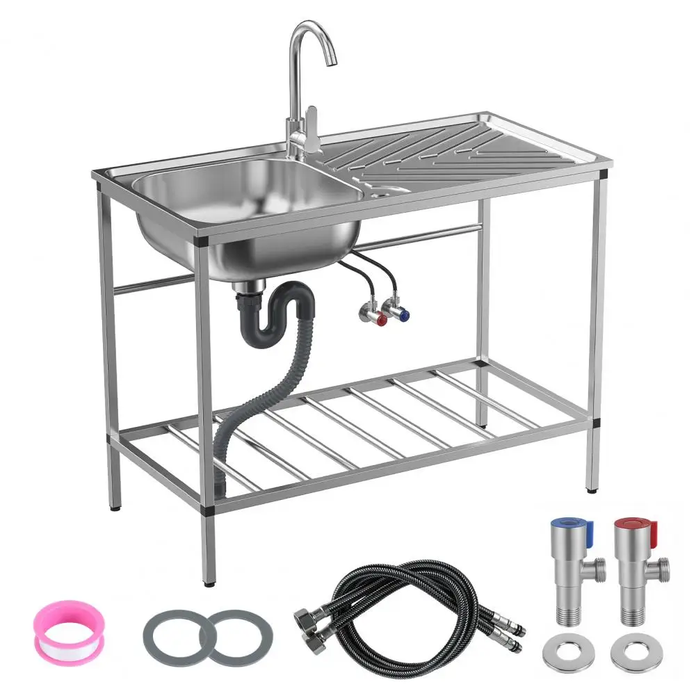 Freestanding Single Bowl Stainless Steel Utility Sink Set, Outdoor Sink Station with Faucet, Hose Hook & Storage Shelves