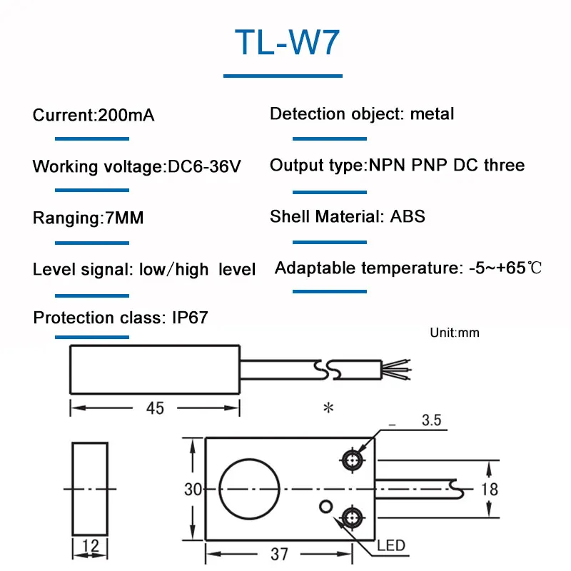 Inductive Square Proximity Switch Metal Sensor TL-W7 Sensing Distance 7mm DC Three-wire NPN/PNP,NO/NC,DC6-36V