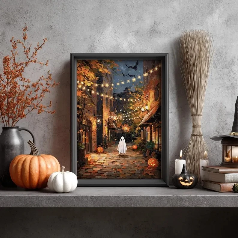 Modern Halloween Ghost In Autumn Street Wall Art Print Canvas Painting Poster Picture For Living Room,Bedroom Home Decor
