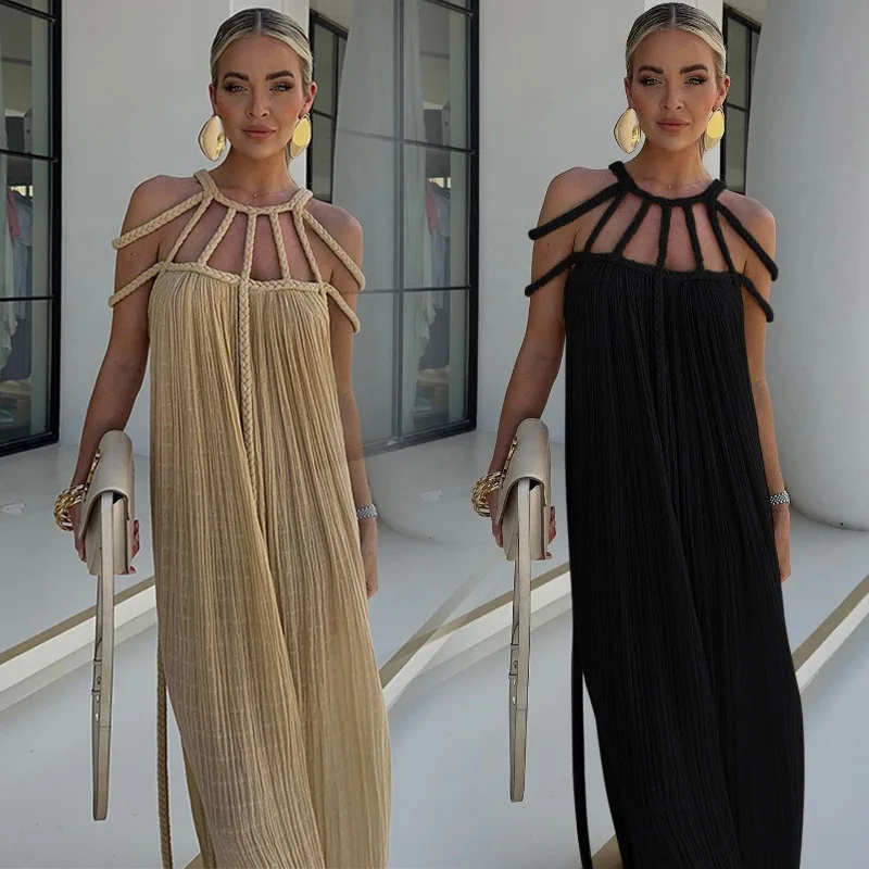 

Khaki Hollow Out Lace Up Backless Women Long Dress Sexy Off Shoulder Sleeveless Maxi Dresses 2024 Summer Party Vacation Vestidos