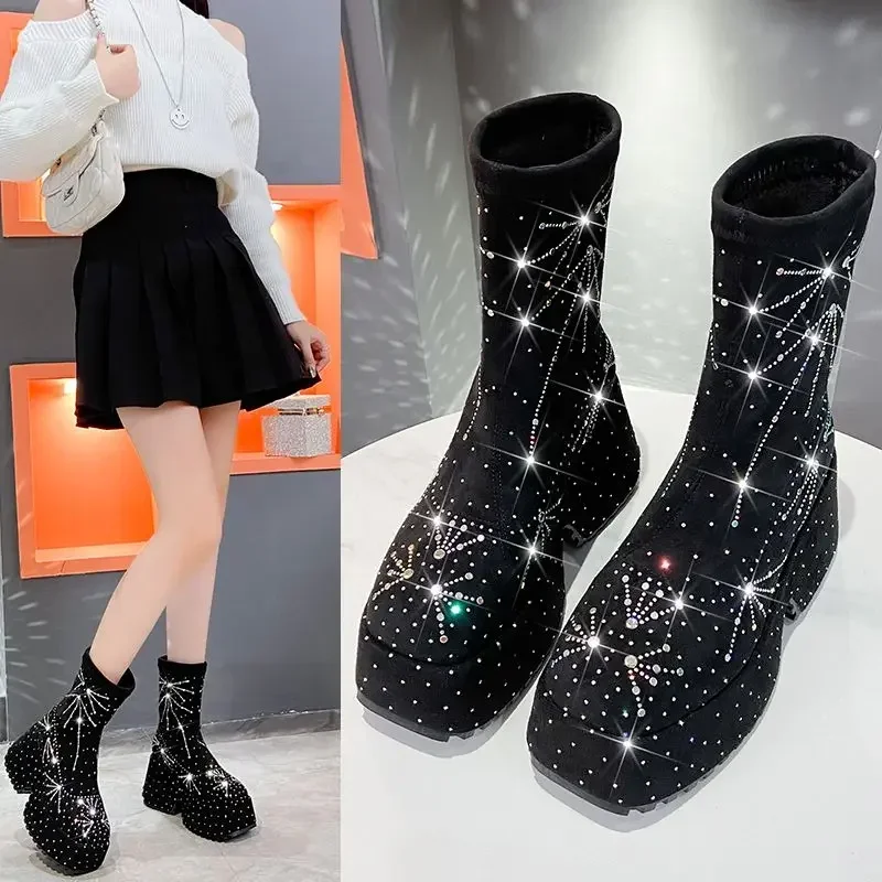 Top Quality Women Elastic Boots Casual Ankle Boots Women Rhinestone Sneakers Black Botas Mujer Plus Size Crystal Botines