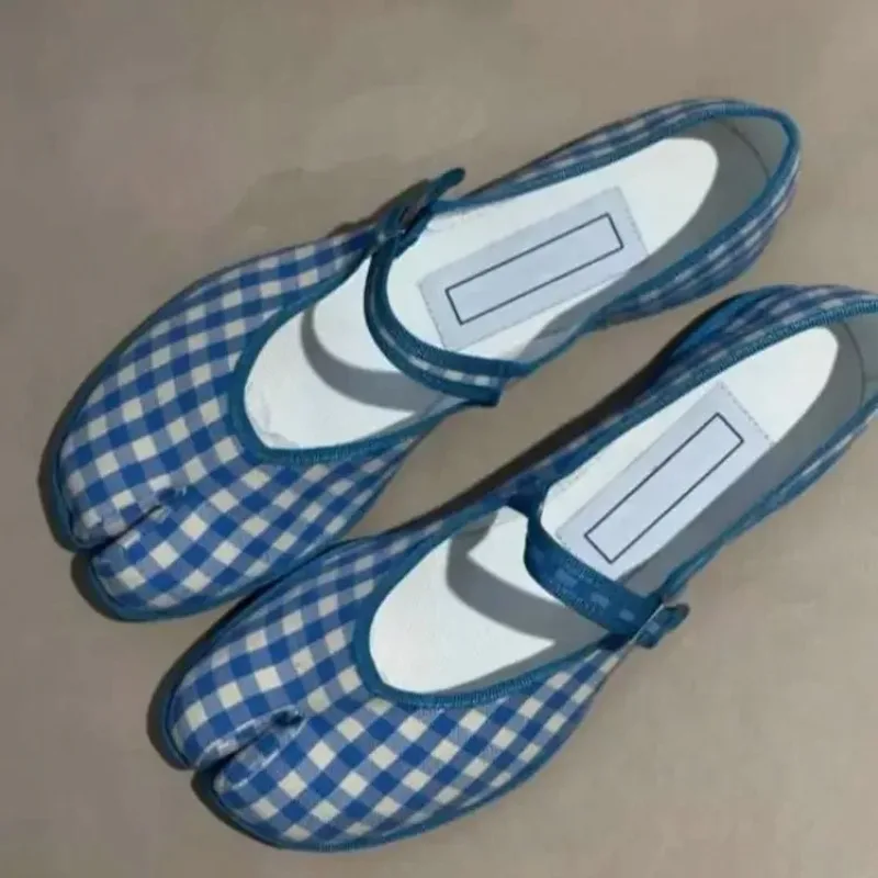 

Blue Plaid Split Toes Pumps Buckle Strap Flats Fashion Women Shallow Shoes Marry Janes Girl Dress Shoes Split Toe Ballet Shoes