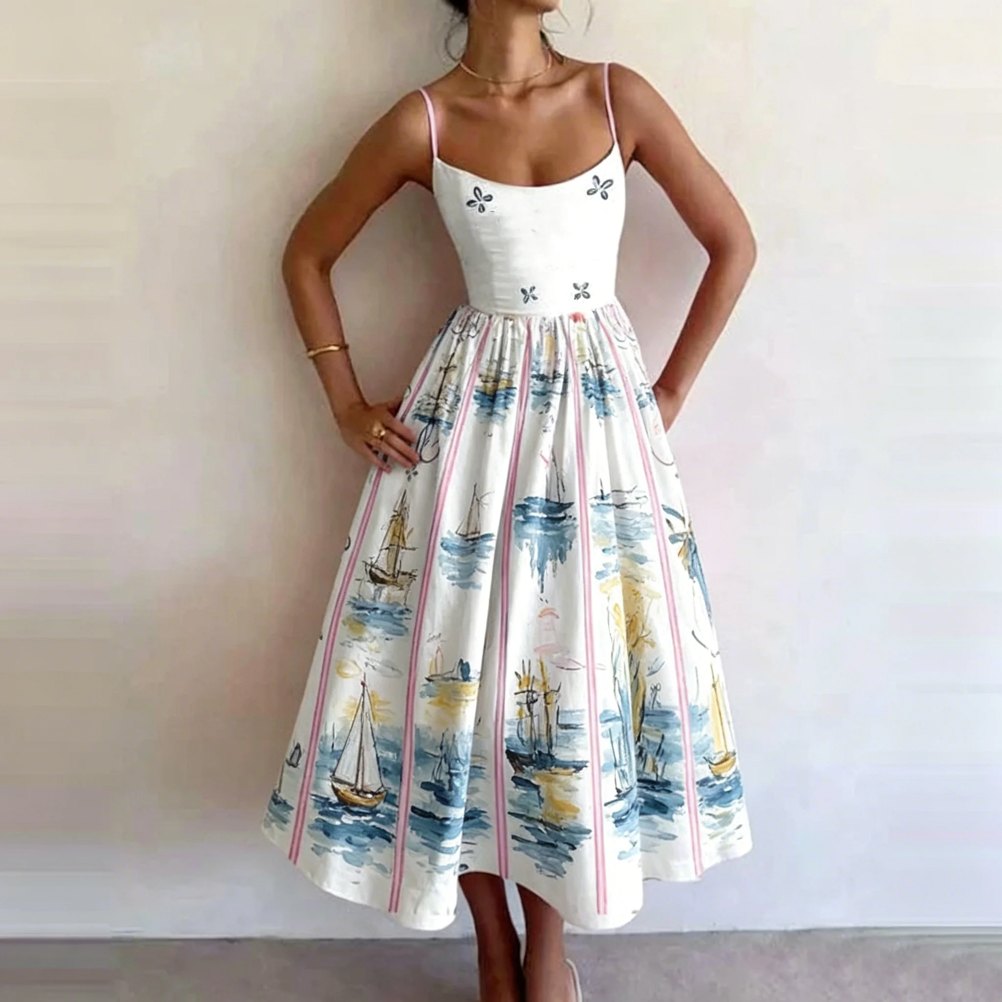 

Women's Print Spaghetti Strap Midi Dress High Waist Summer A-Line Dress For Women Casual Elegant Daily Street Vintage Outfit
