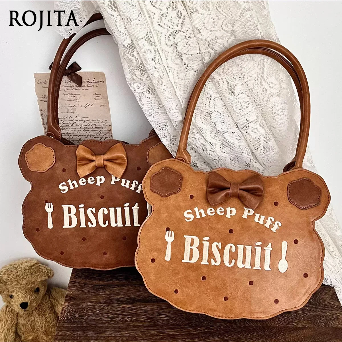 

Kawaii Bear Design Bow Shoulder Bag Biscuit Bag Embroidery Love Lolita Cute Oblique Span Portable Elegant Kawaii Cookie Handbag
