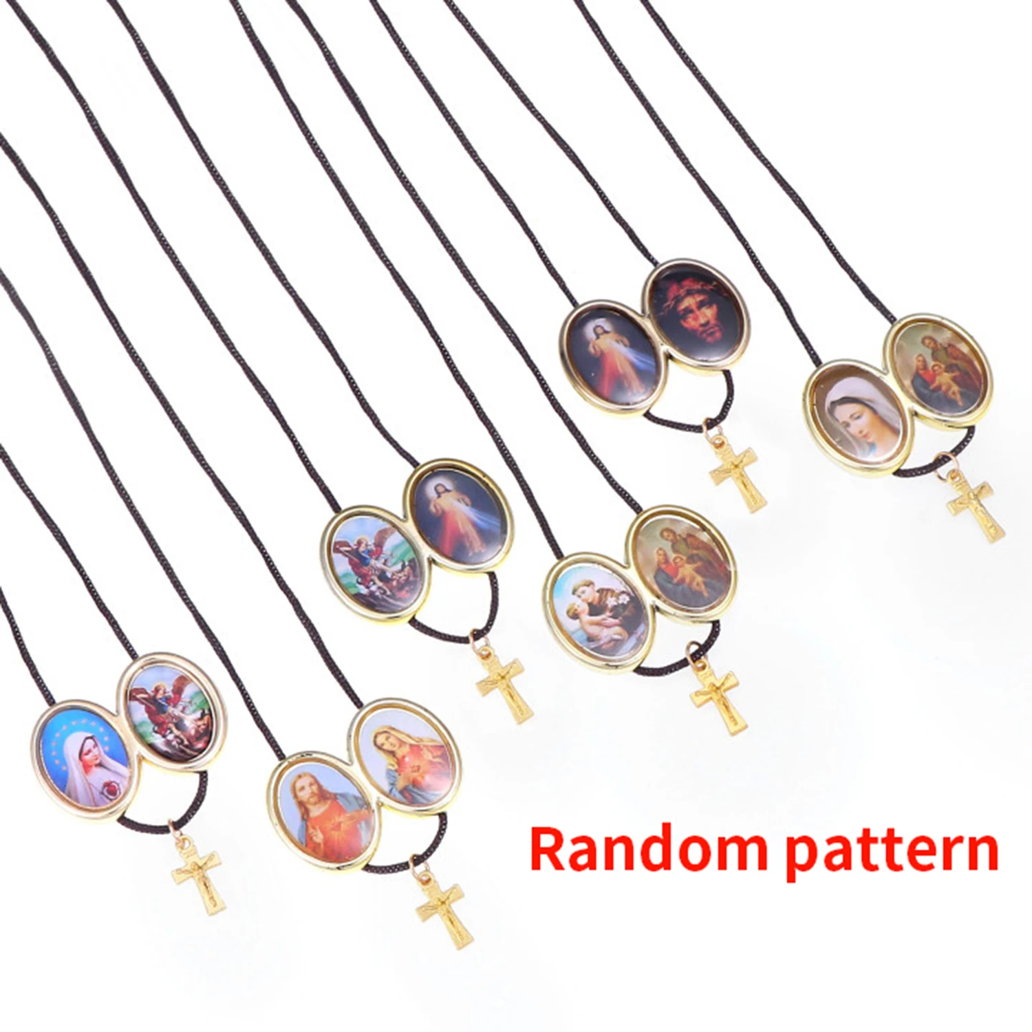 2Set Various Shapes Catholic Necklaces Simple Rope Chain With Virgin Jesus Photo Plastic Pendant Random Pattern Cross Pendant