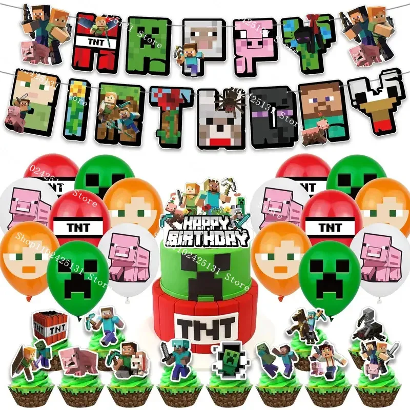 Украшение для дня рождения, одноразовая посуда, шахтная крафт, воздушный шар, баннер, фон, мультяшный пиксель, герой, игра, тематический декор для вечеринки