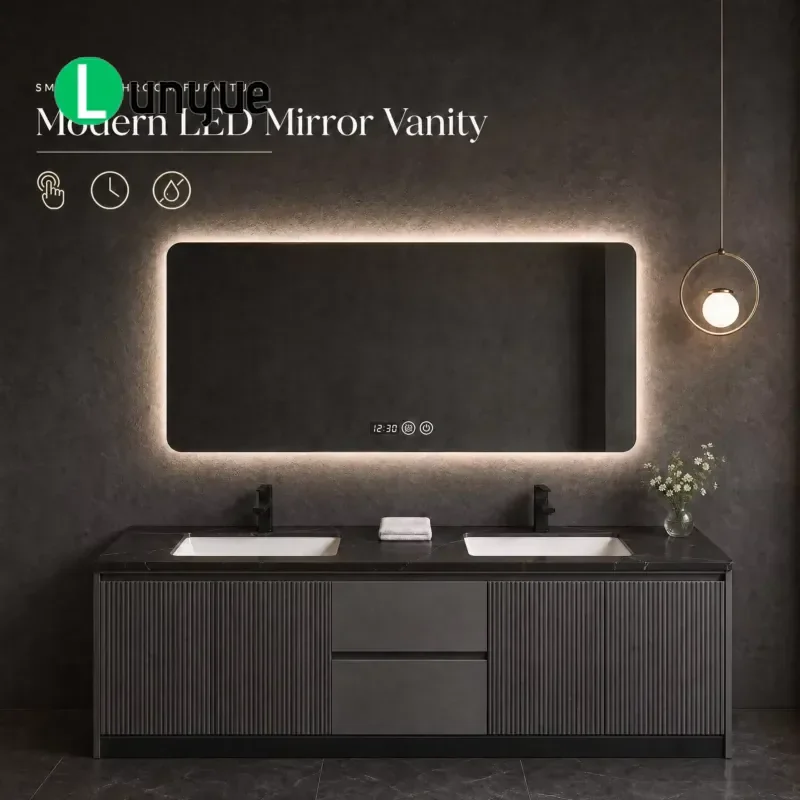 Modern Grey Waterproof Smart LED Mirror Bathroom Vanity Set with Integrated Lighting Moisture Resistant Wall Mounted for Home