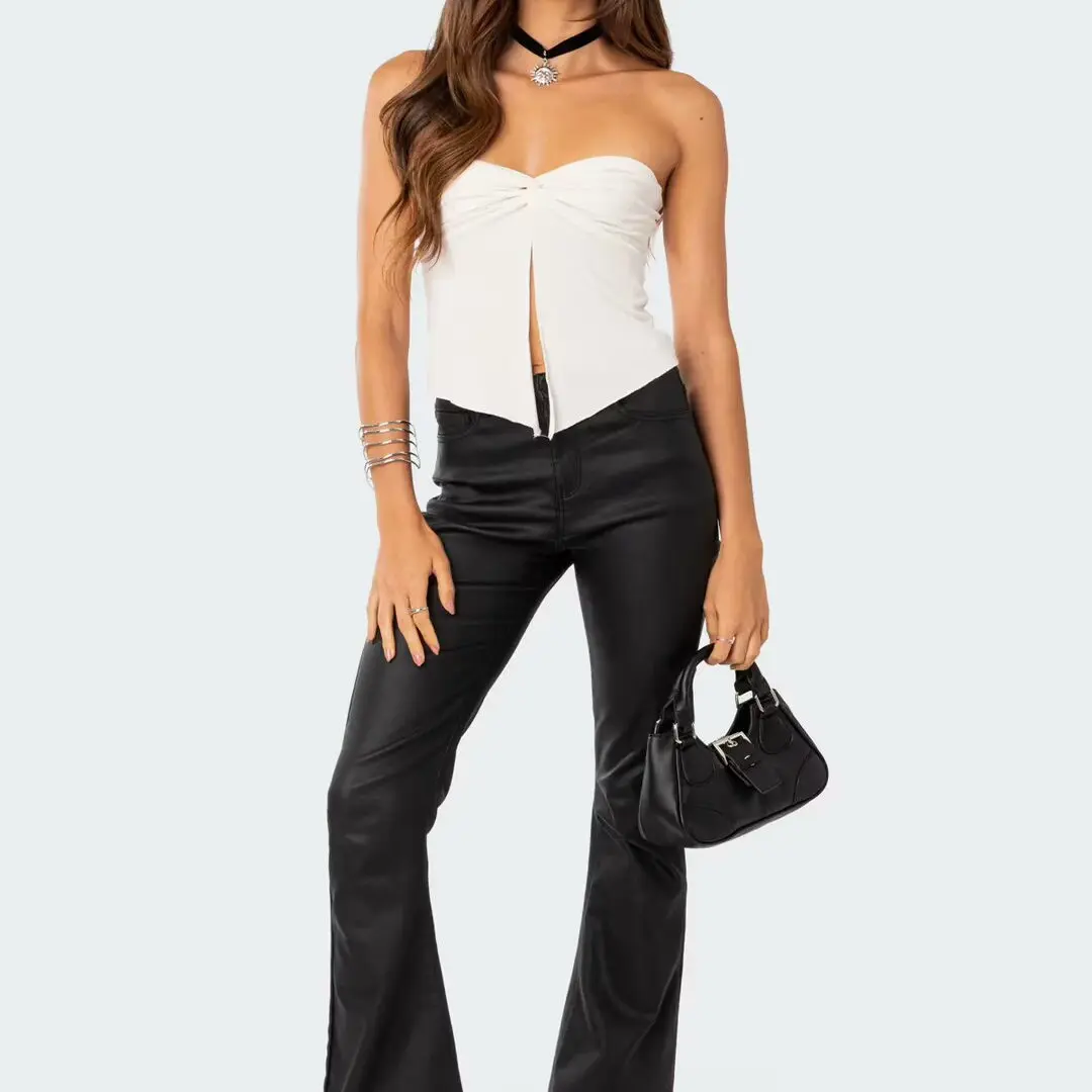 Slimming High Waist Straight Leg Micro Flared Long Pants Women's PU Leather Basic Sle Simple Design Autumn Faion Trend