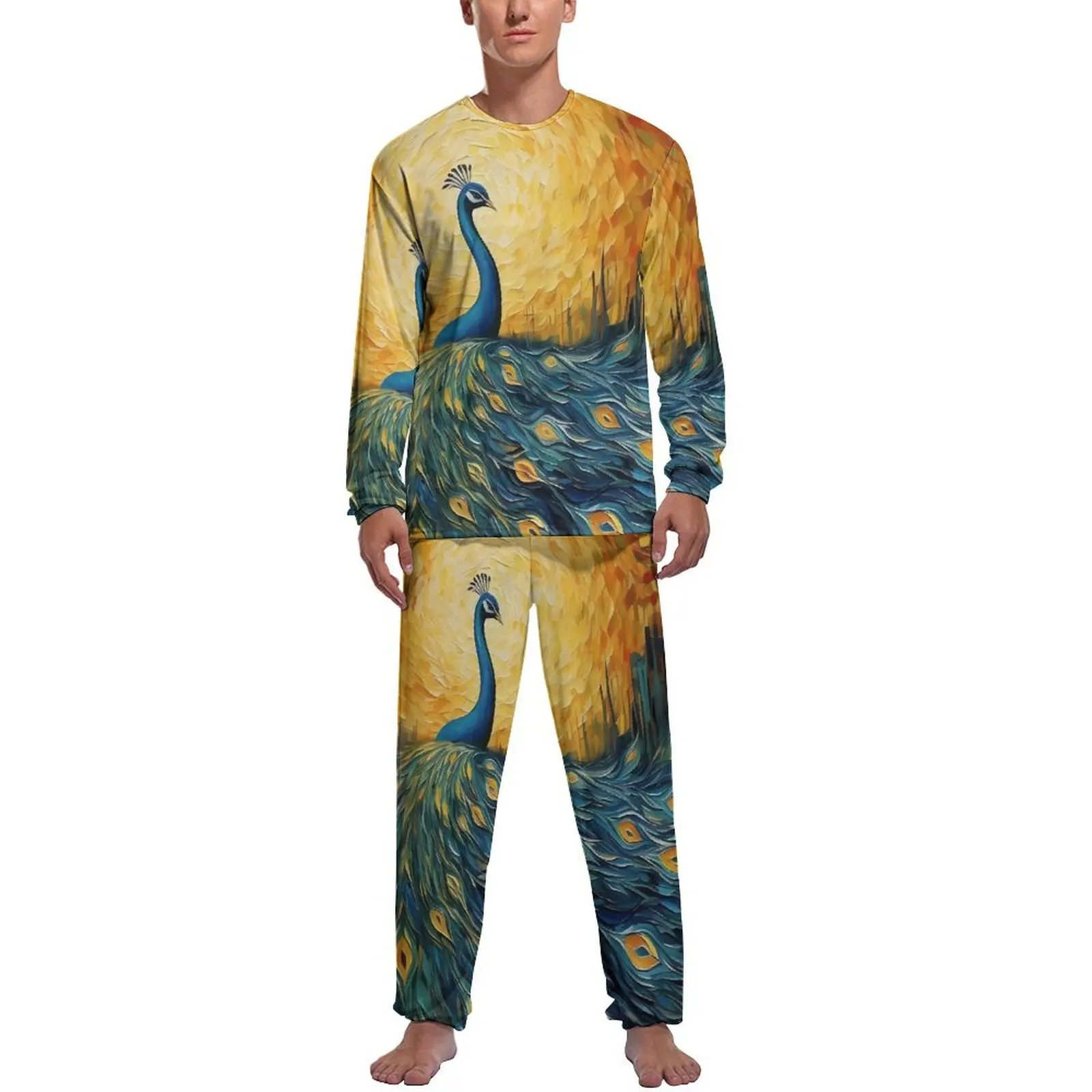 Fantasy Painting About Peacock Pajamas  Mens Long-Sleeve Trendy Pajamas Set 2 Piece Sleep Spring Graphic Home Suit Birthday Gift