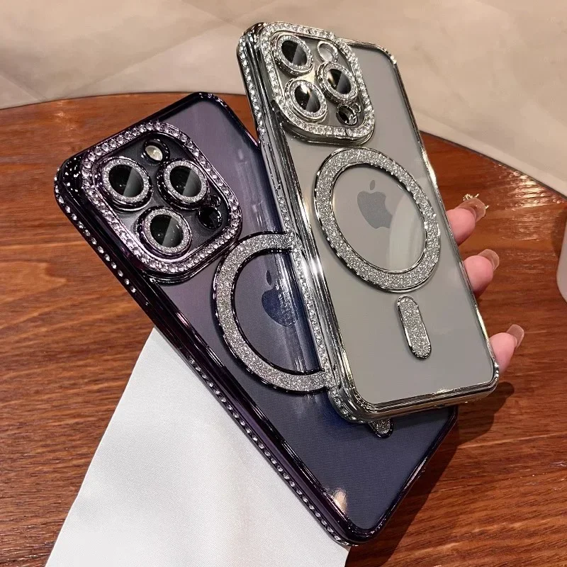 Luxury Glitter Magsafe Phone Case For IPhone 11 12 13 14 15 16 Pro Max Plus Transparent Magnetic Bumper Diamond Cover Ca