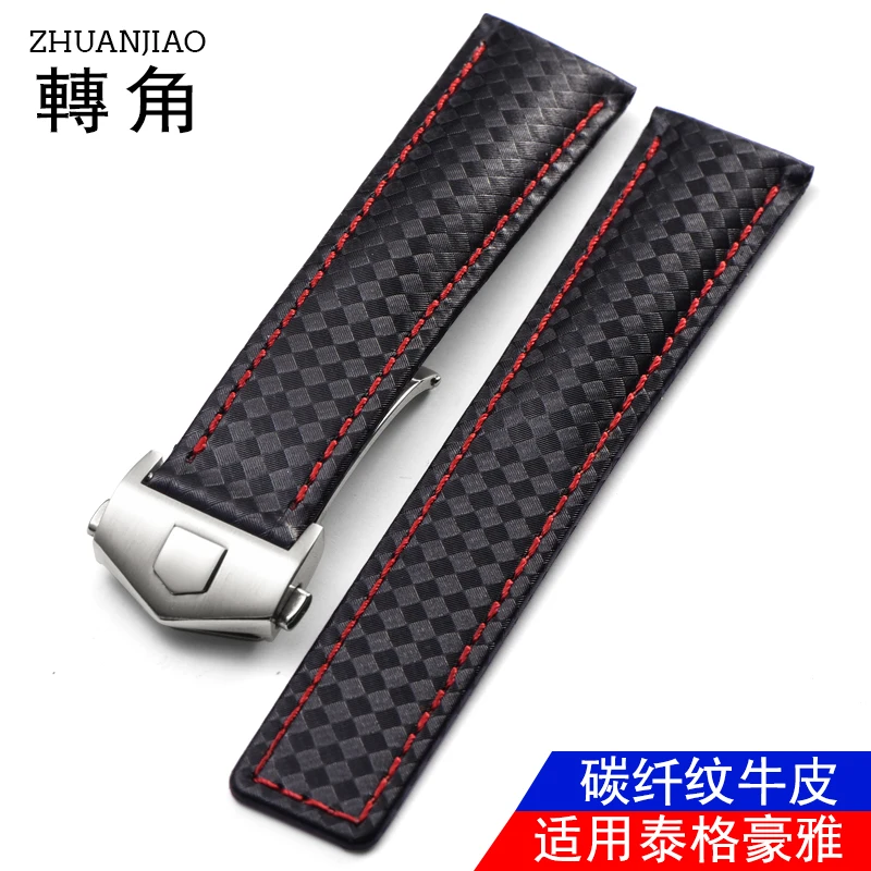 Carbon fiber cowhide watchband For Tag Heuer Carrera Monaco soft Genuine leather watch strap For men 19mm 20mm 22mm Metal buckle