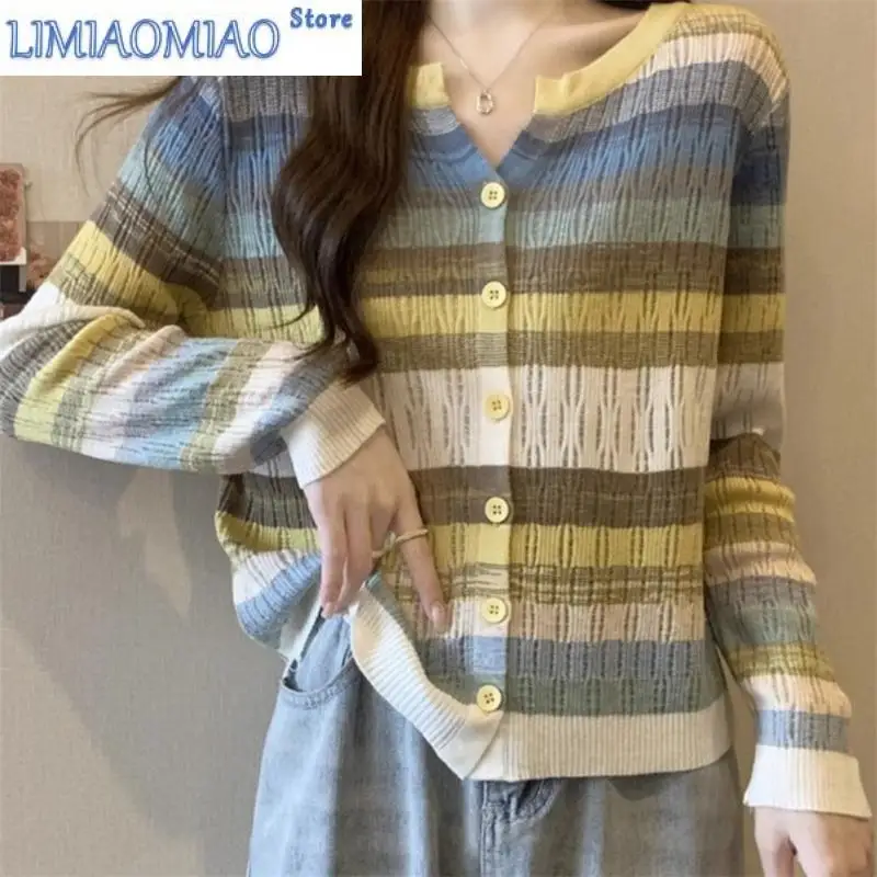 New Autumn Oversized Women's Design Sensation Small Group Hollow Out Round Neck Rainbow Spliced Stripe Knitting Sweater Top