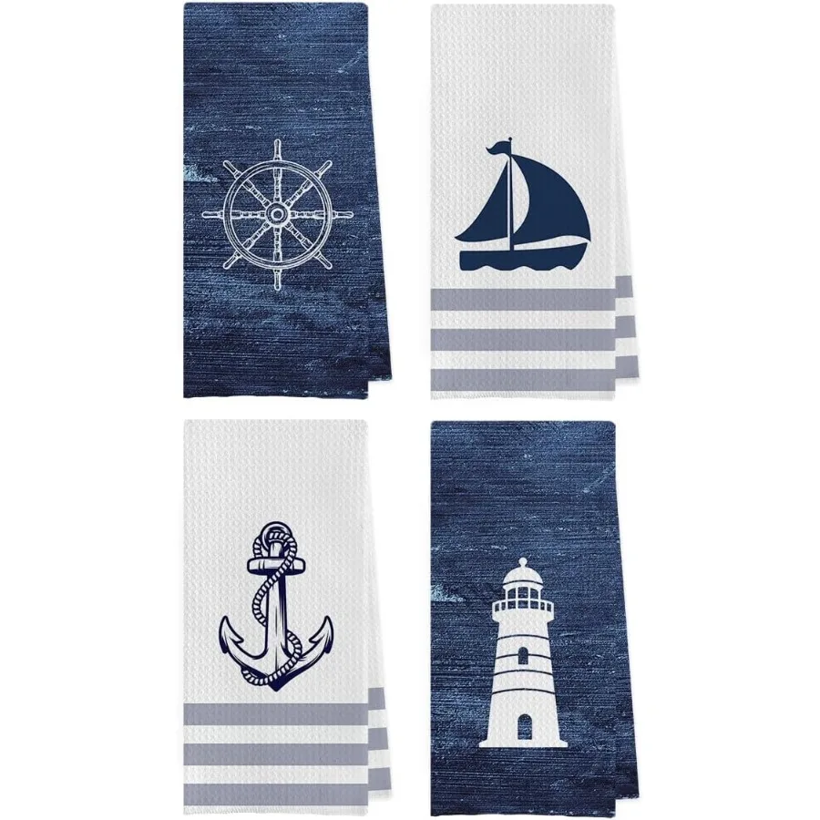 

Nautical Hand Towel 100% Waffle Weave Microfiber Quick Dry Absorbent Coastal Bathroom Decor Set of 4 Navy Blue Small Square 16x