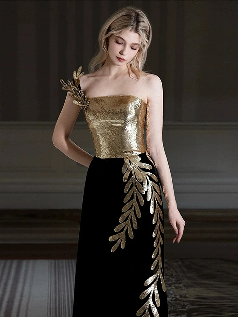 Woman Evening Dresses Black Golden One Shoulder Sequins Slim Floor Length Wedding Party Celebrity Prom Lady Cocktail Gowns