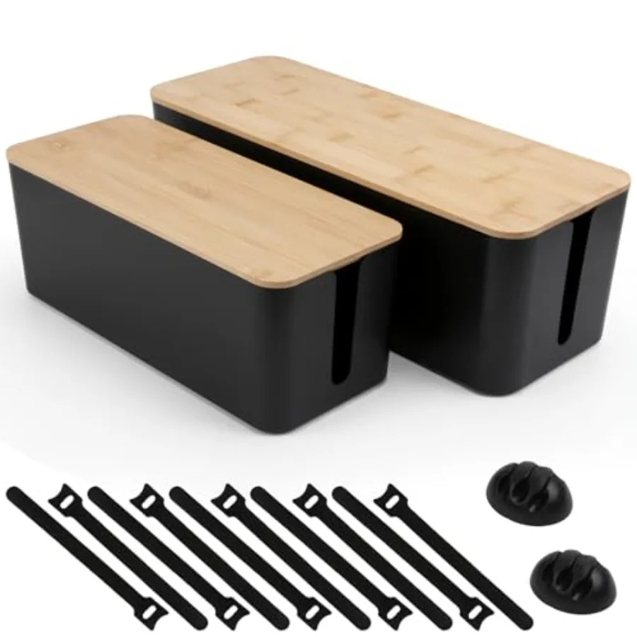 

2 Pack Cable Management Box - Cord Organizer Box with Wooden Lid for TV Wires Power Strips Router USB Hub and Under Desk Power: