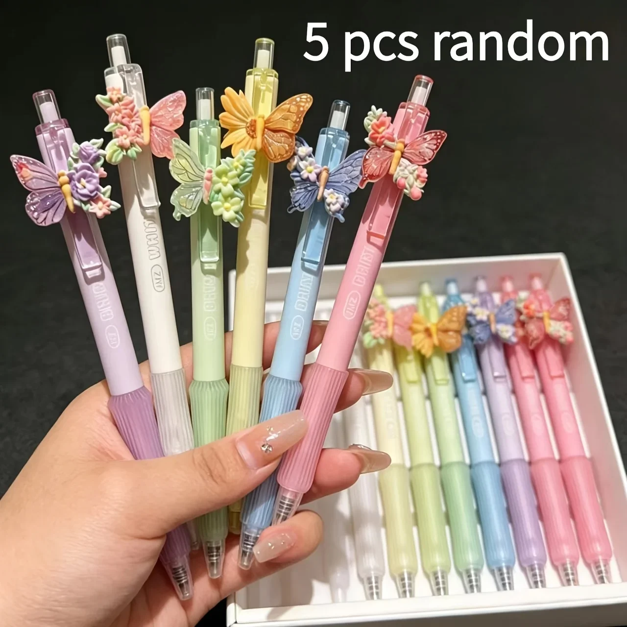 5pcs Butterfly flower press ballpoint pen, neutral pen, high aesthetic value, stretchable studentofficehandaccountpencartoonpens