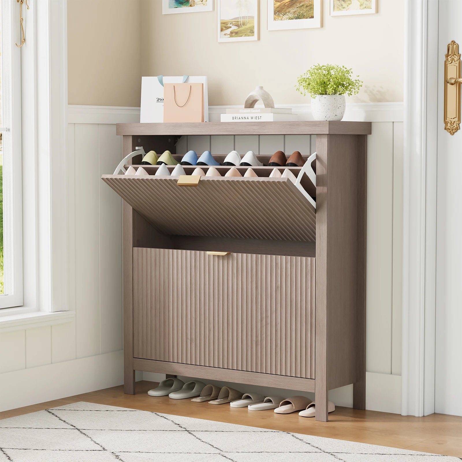 Fluted Narrow Shoe Cabinet for Entryway, 2 Turnover-Down Drawers - Space-Saving Hidden Shoe Organizer with Adjustable Shelves, Freestanding Wood Storage with Gold Handles