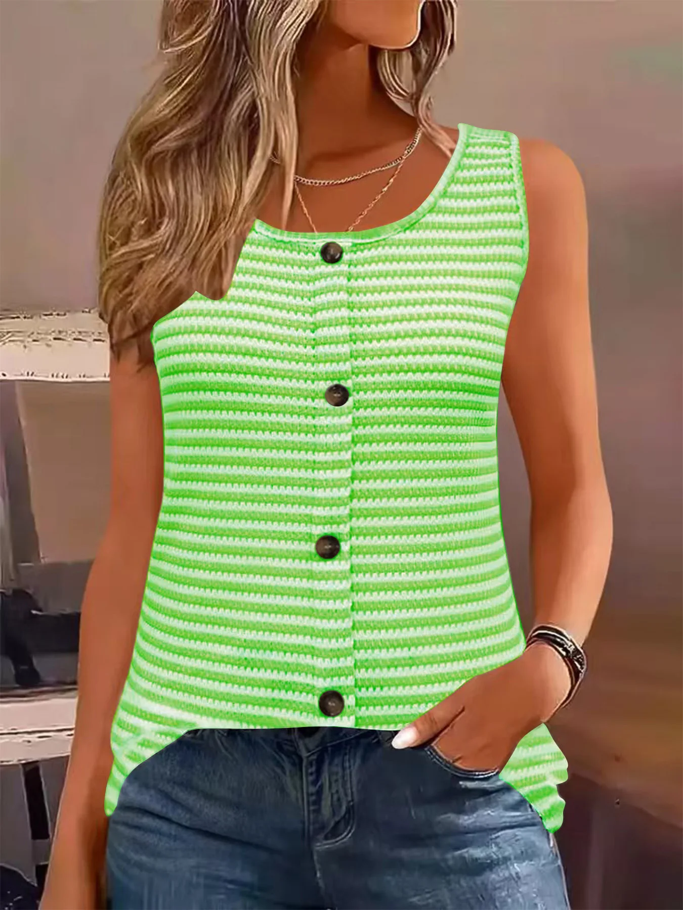 2025, neue Damenblusen, Sommer, lässiges Tank-Top, modisch, gestreift, bedruckt, ärmellos, Strickhemden, lässig, fester Knopf, Y2k-Weste, Tops