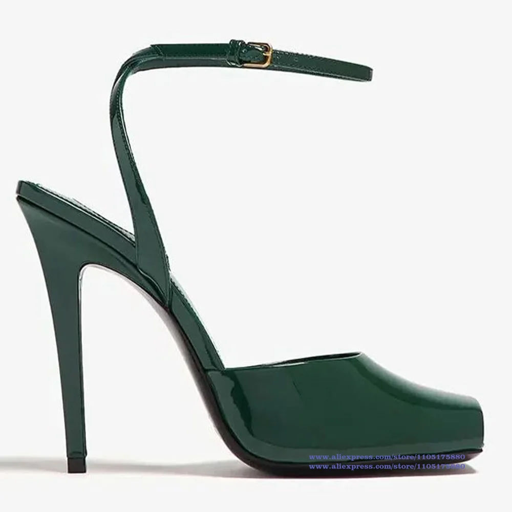 Dark Green Patent Leather Stiletto Heels Sandals Ankle Buckle Strap Women's Pumps Luxury Designer Sandalias De Mujer Verano