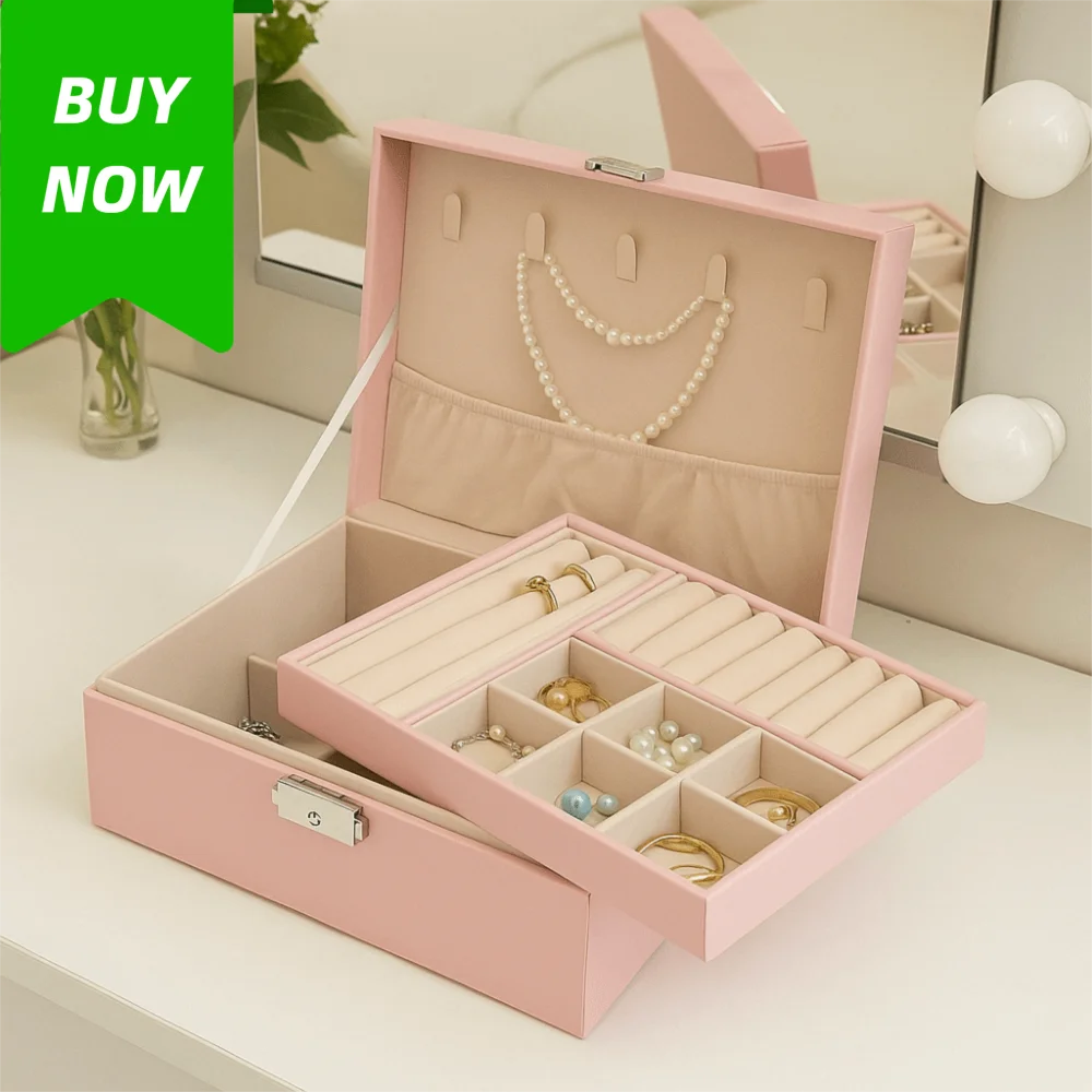 

2 Layer Double-layer Jewelry Box PU Leather Elegant Necklace Earring Box Dustproof Large Capacity Jewelry Display Case Desktop