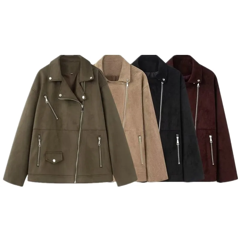 سترة نسائية مخملية بتصميم راكبي الدراجات النارية مع ياقة قابلة للرفع، ملابس خارجية للخريف والشتاء، أنيقة وعصرية ودافئة بسحاب ...