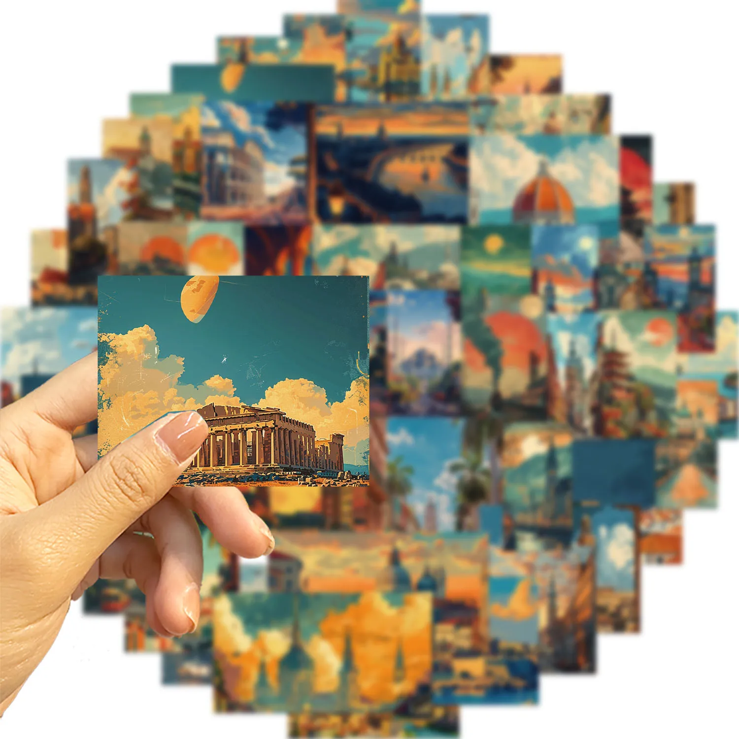 50 pz Retro paesaggio pittura Graffiti adesivi fai da te telefono chitarra Laptop Notebook valigia tazza adesivo impermeabile giocattolo per bambini