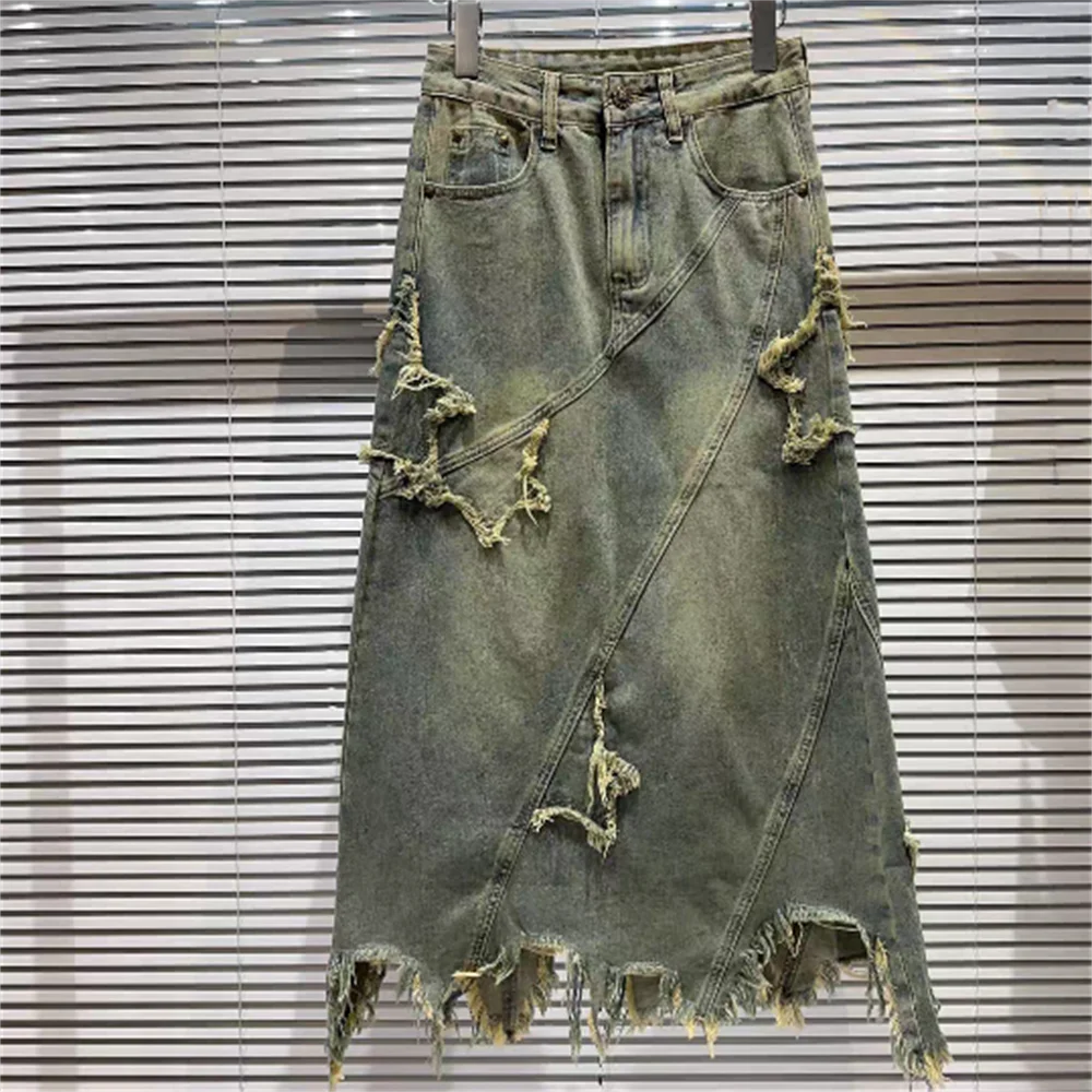

Vintage denim skirt women's 2023 summer new star irregular a line long jeans skirt