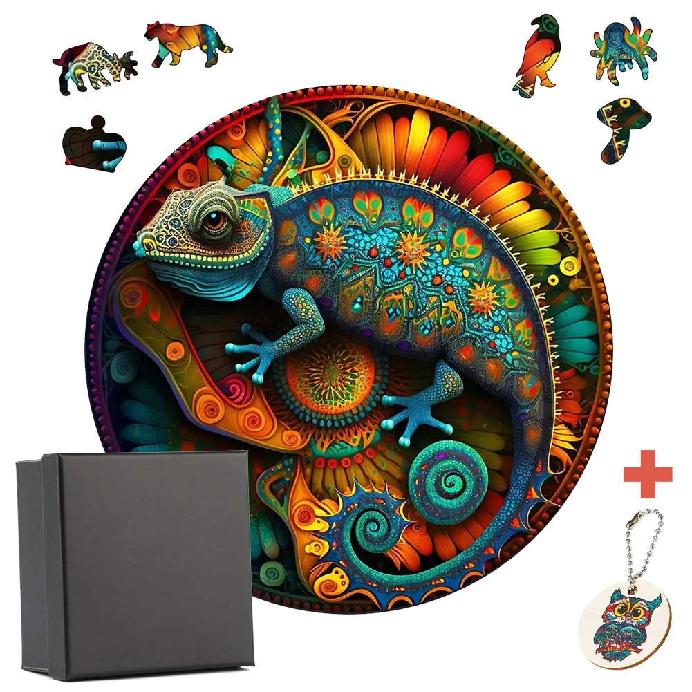 

3D Wooden Jigsaw Puzzle Chameleon Animal Shaped Wooden Puzzles For Adults Kids Educational Toys Games Wood DIY Puzzle Crafts Gif