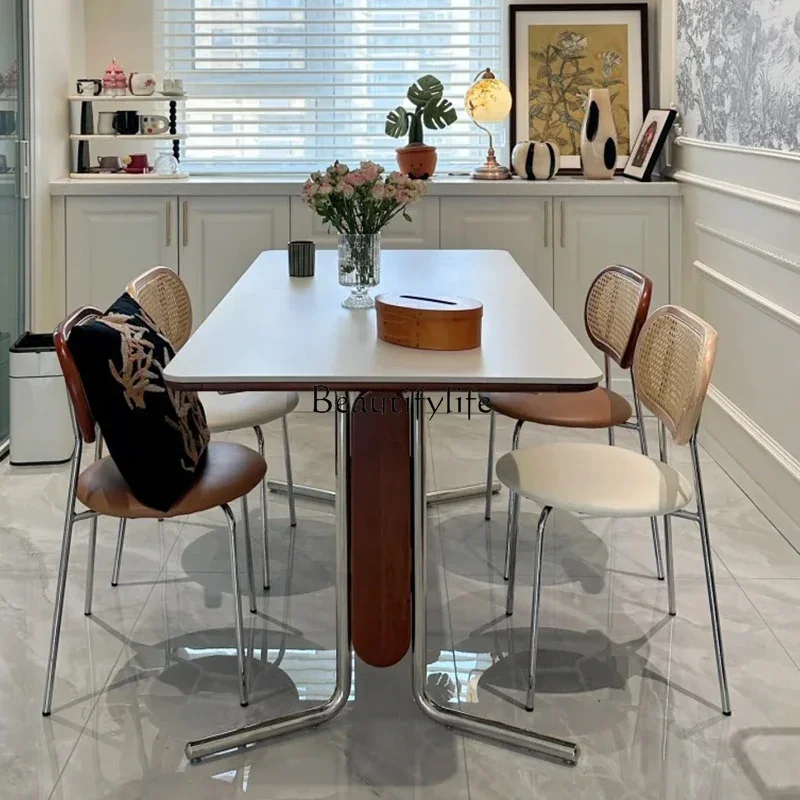 

04Medieval style rock slab dining table, living room home high-end retro Bauhaus solid wood dining table