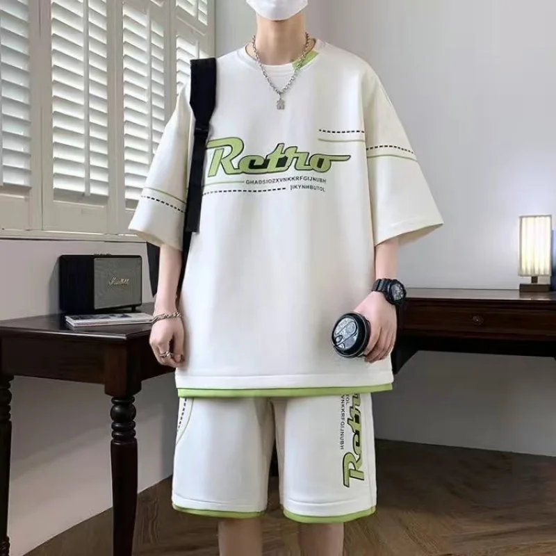 

Summer Men's Waffle Sports Casual Suit Plus Size Fashion Casual Loose Handsome Short Sleeve T-shirt Shorts Two Piece Set