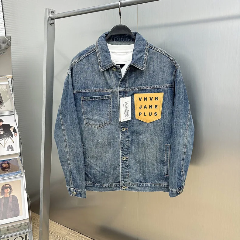 

Waed Denim Jaet Casual American Sle Men's Spring Autumn Faion Letter Leather Tag Workwear Bird Poer Youth Jaet