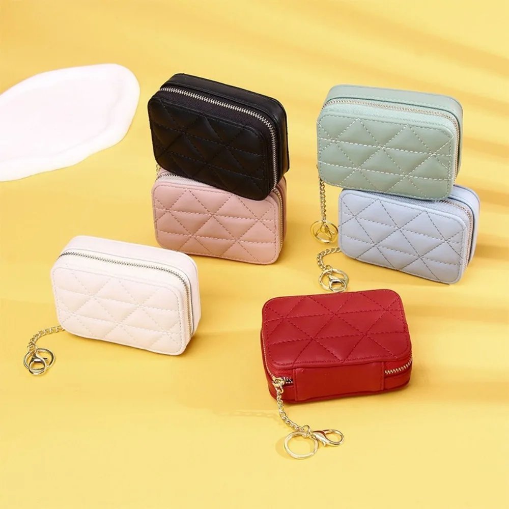 Portable PU Leather Lipstick Bag with Mirror Solid Color Mini Purse Zipper Cosmetic Bag Outdoor