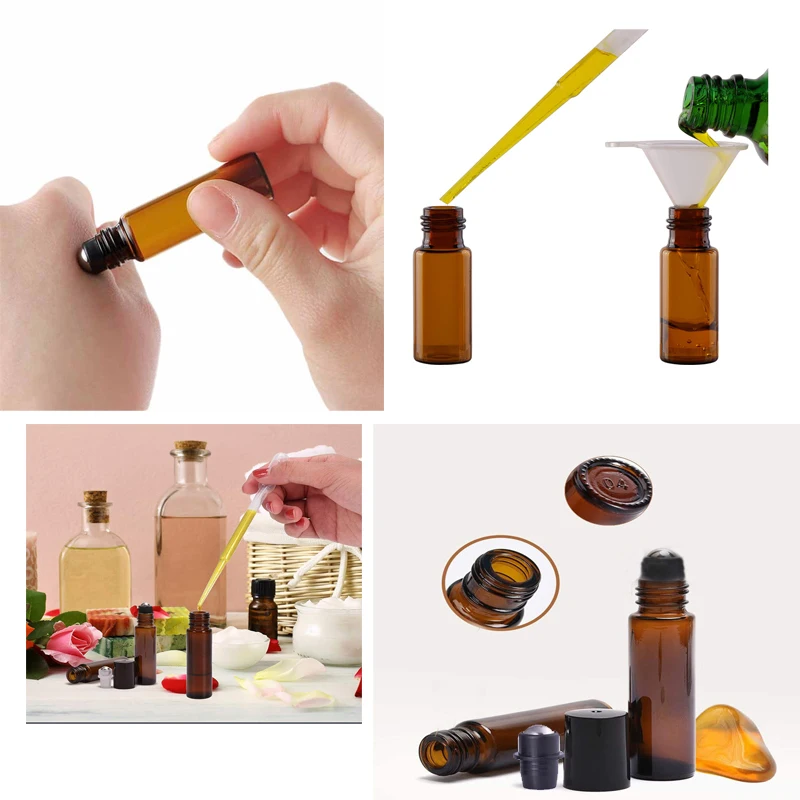 10Pcs 1/2/3/5/10ml Amber Glass Roller Balls Bottle Roll on Vials Roller Containers for Aromatherapy Essential Oil Perfume