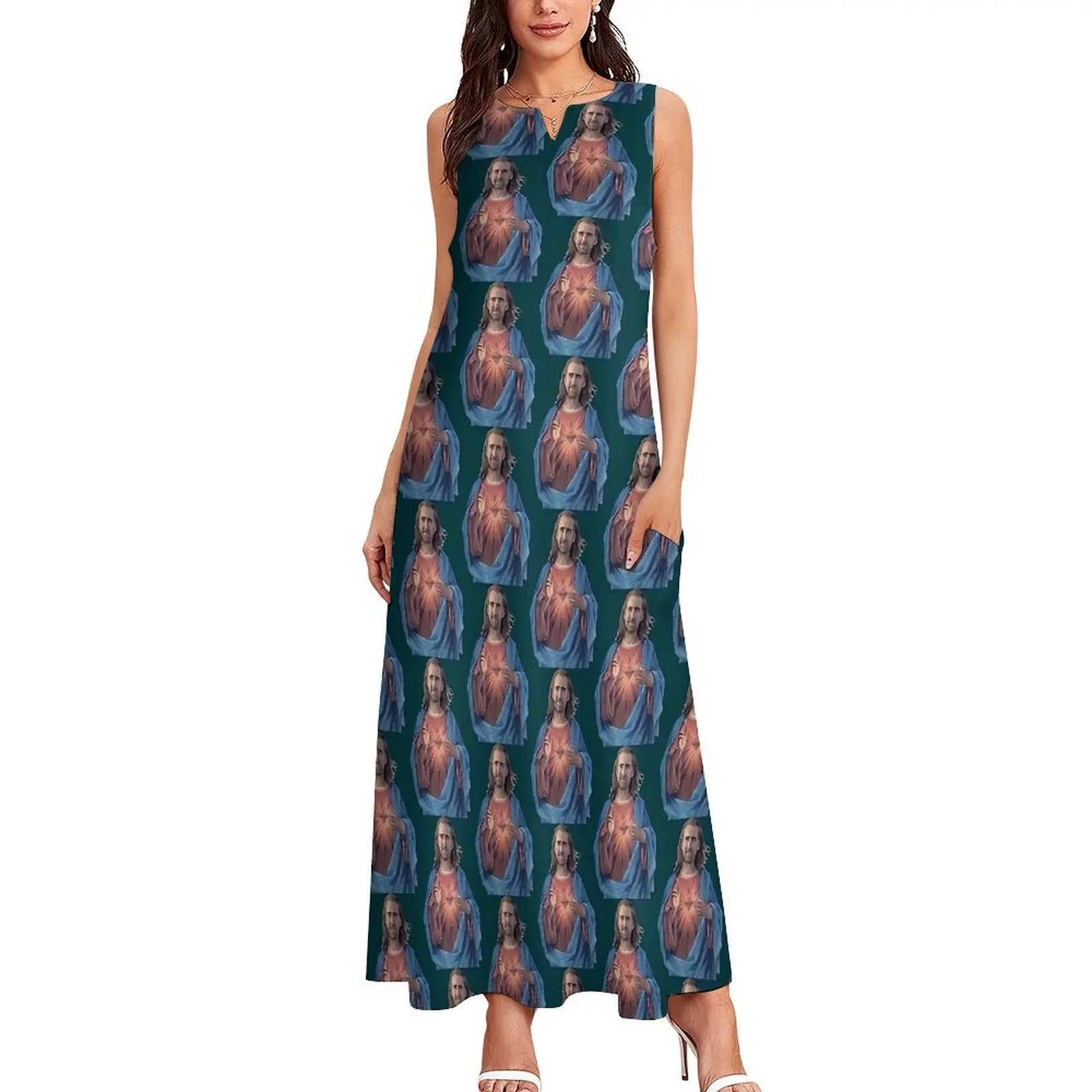 Nicolas Cage Is Jesus Dress  Sexy Maxi Dress Korean Fashion Casual Long Dresses Summer V Neck Pattern Vestidos Big Size 5XL