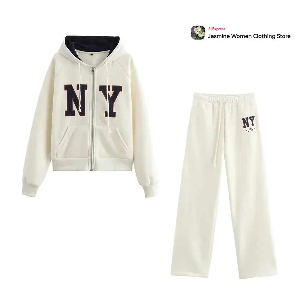 Women New Complete Crews Varsity White Sports Suit Comfy Text Print Ensemble 2-Piece Pants Set New in Adjustable Drawstring Hood