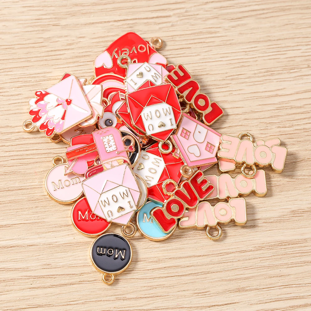 Tusember 10pcs Enamel Mom Love Heart Charms Pendants for Jewelry Making Earrings Necklace Bracelet Accessories