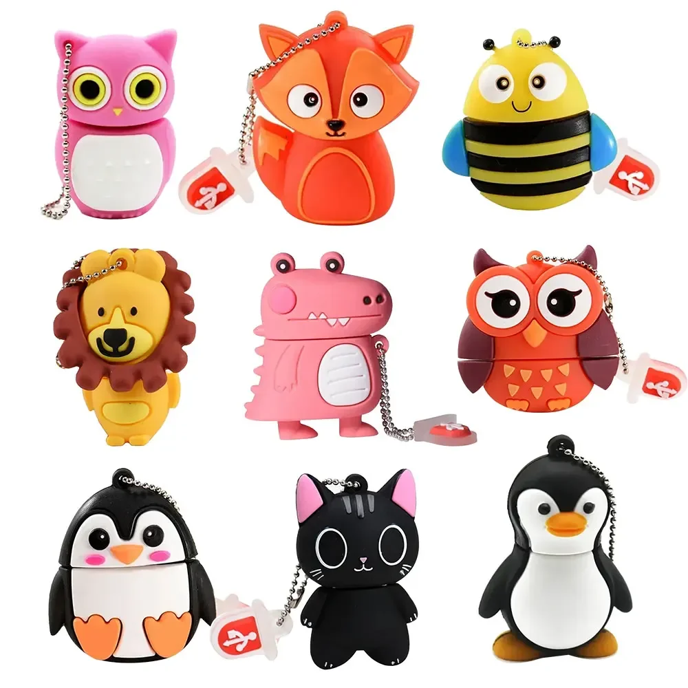 Cute Cartoon Animal Penguin 64GB 128GB USB 2.0 Flash Drive 4GB 8GB 16GB 32GB Lion Pendrive Cle Memory Sticks Dinosaur Pen Drive