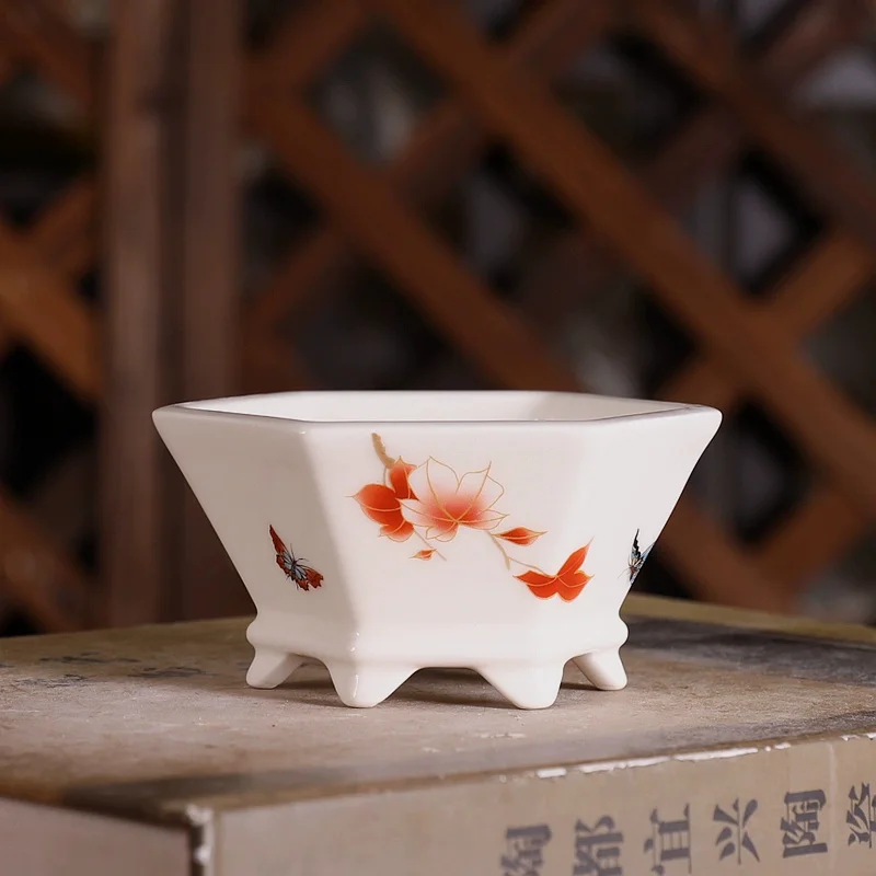 Porcelain Hexagon Bonsai Pot,Small Vase, Chinese Pattern,Garden Decoration, Traditional