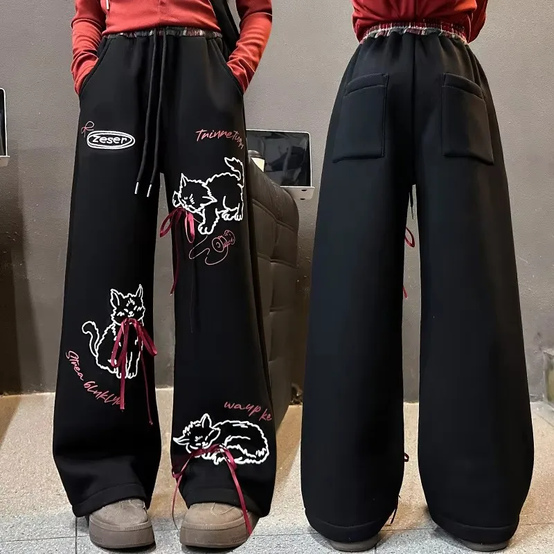 Pantalones coreanos de invierno para niños y niñas adolescentes, pantalones largos de pana suave, pantalones de chándal térmicos cálidos y cómodos para escuela con dibujos de gatos